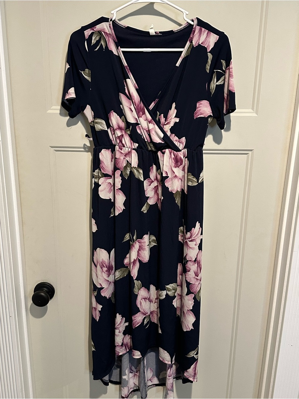 Pinkblush Floral Wrap Navy Midi Maternity Dress with Pink Blooms - Large